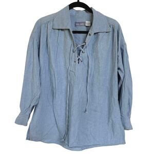 Vtg Chambray Pirate Ren Faire Lace Up Top Blue Lightweight Cotton Blouse Small